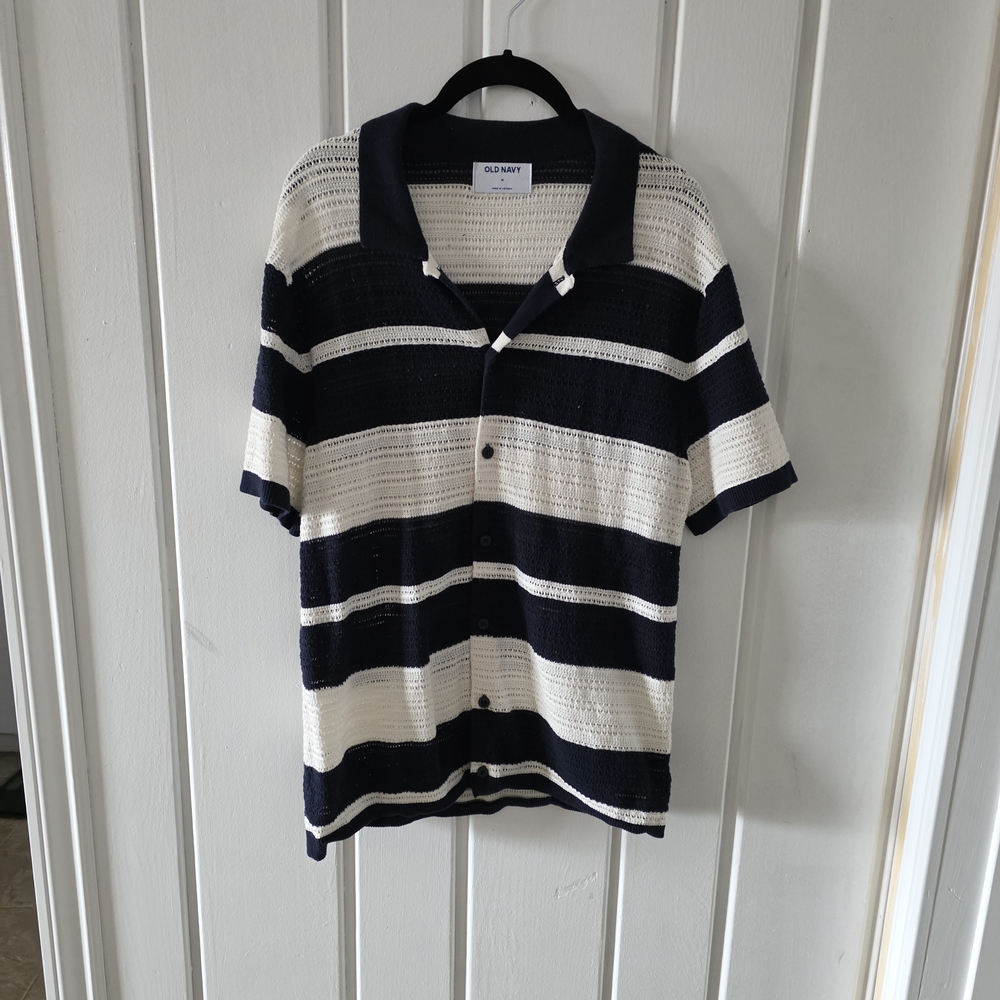 Old Navy Men's Navy & White Striped Knit Polo Shirt